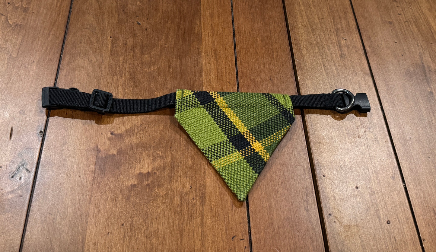 Westfalia Green plaid material dog bandana.