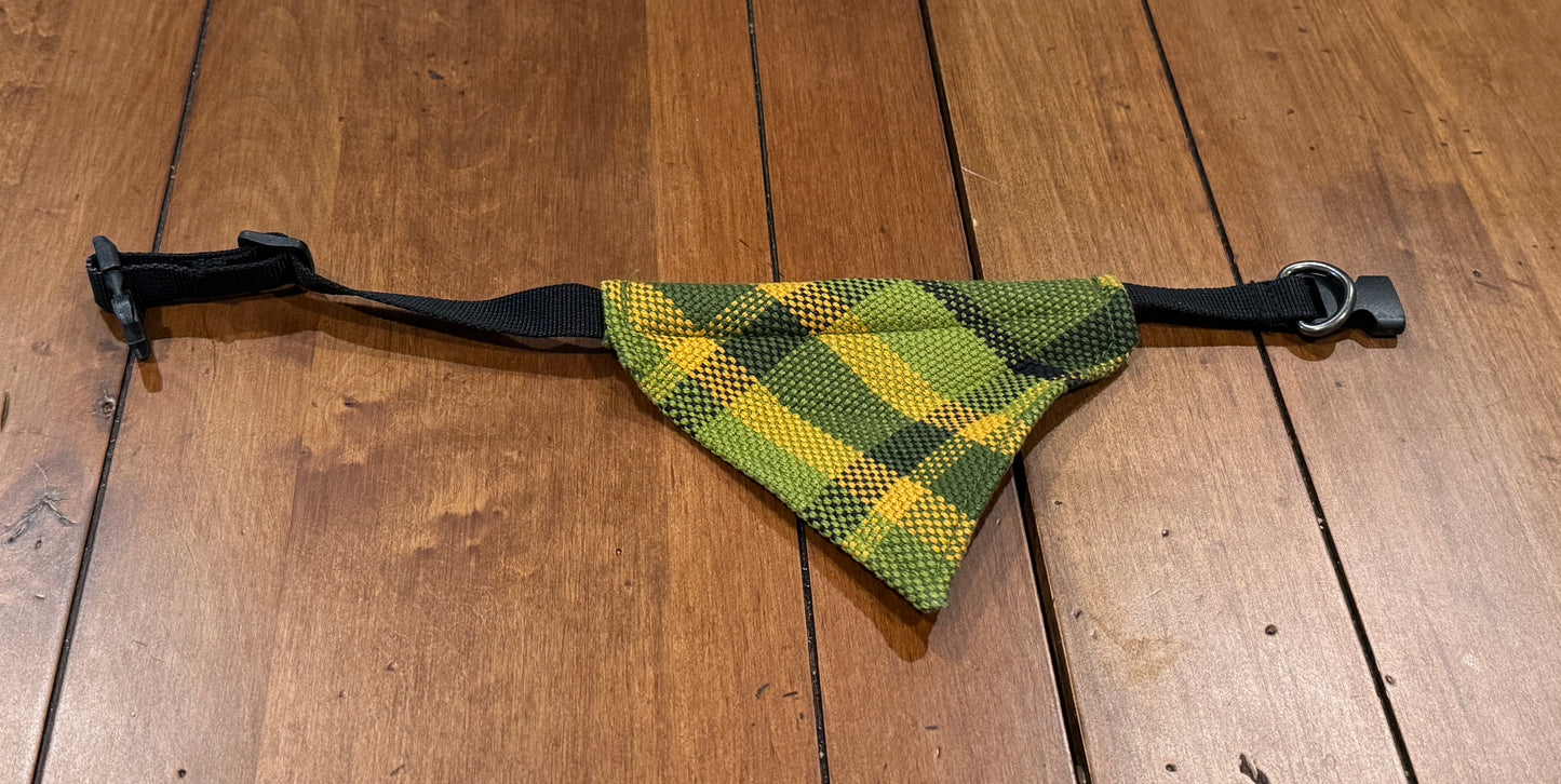 Westfalia Green plaid material dog bandana.