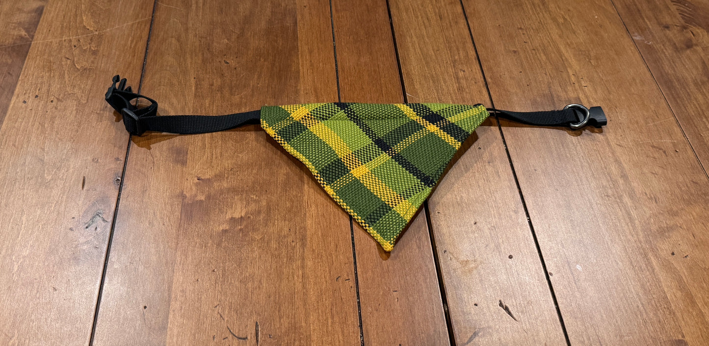 Westfalia Green plaid material dog bandana.